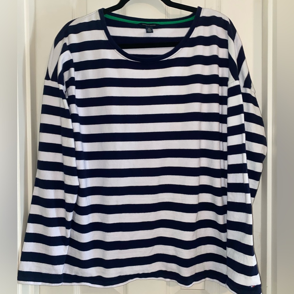Tommy Hilfiger Navy and White Striped Shirt‎ with Green Trim Side Zipper